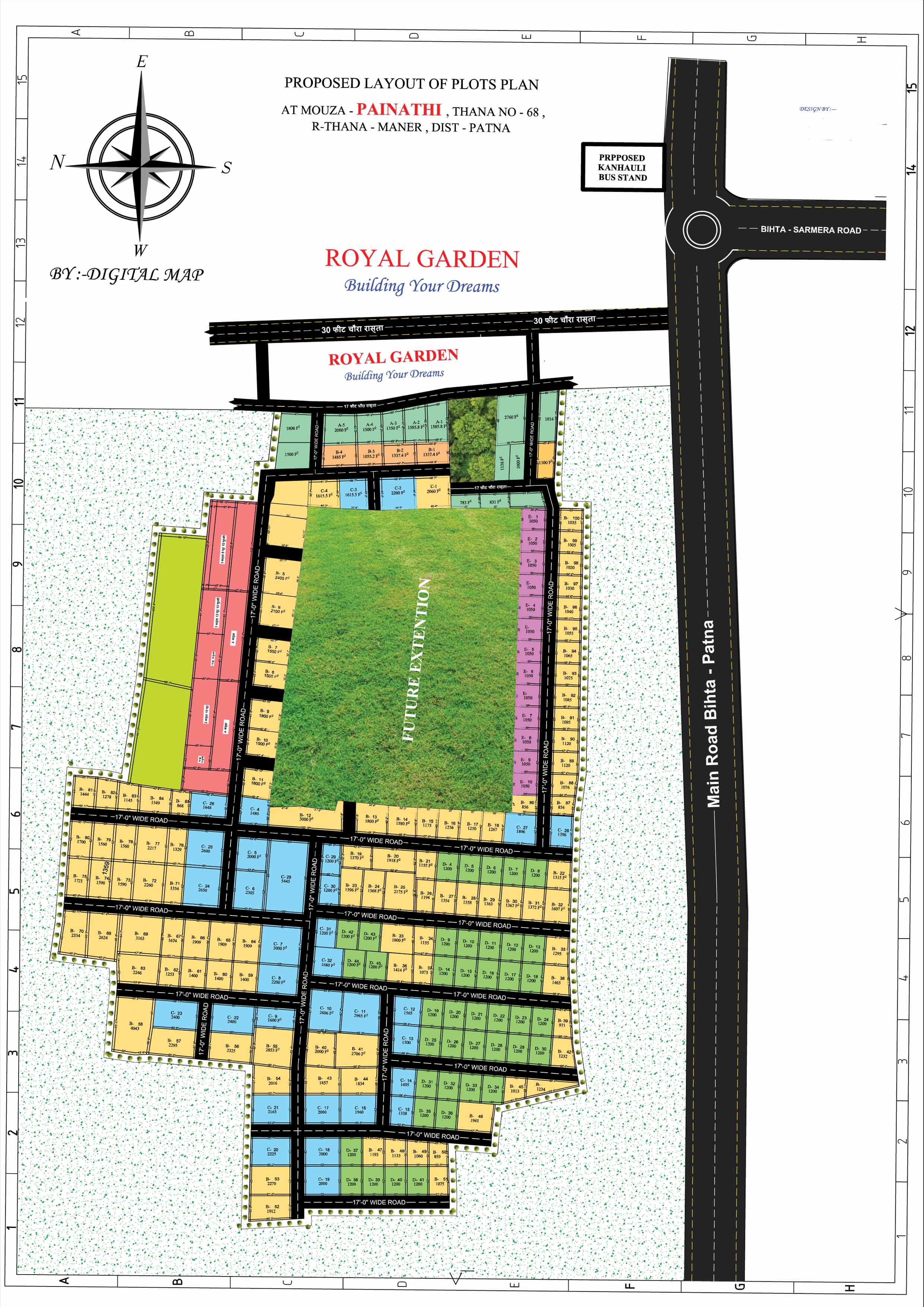 Aerial view of green land and planned plots
